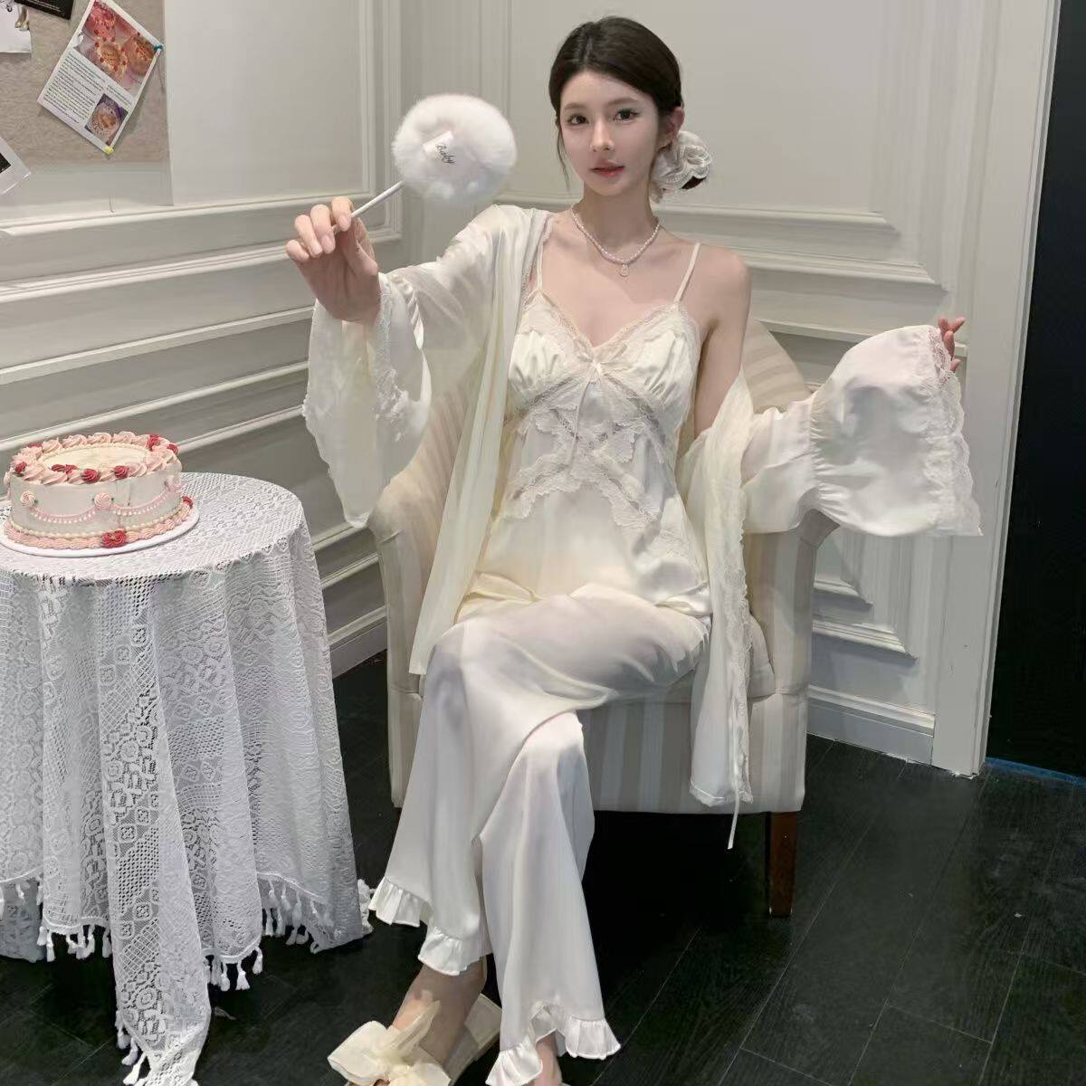 吊带睡衣女冰丝三件套法式家居服
