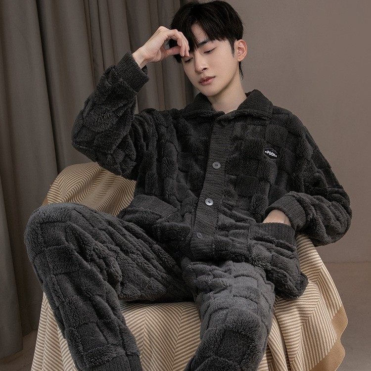 新款珊瑚绒睡衣男秋冬季加绒加厚居家服可外穿保暖男士家居服套装
