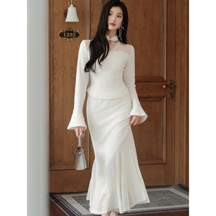 针织裙子套装女秋季法式轻奢高级蕾丝拼接上衣鱼尾半身长裙两件套