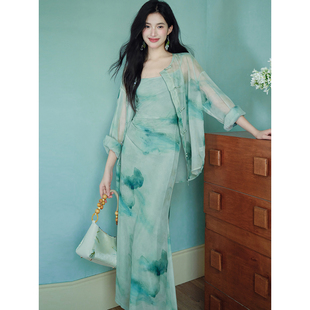 2025秋款国风新中式水墨盘扣开衫网纱吊带连衣裙女绝美高级感气质