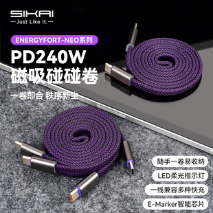 SIKAI PD240W磁吸无轴数据线编织快充充电线LED灯智能芯片