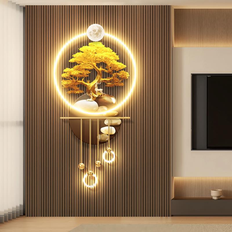 发财树电视机背景墙格栅装饰挂件轻奢石来运转客厅玄关发光壁画灯