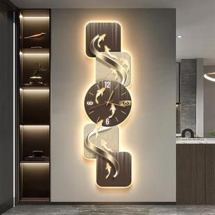 现代轻奢九鱼图挂钟玄关装饰画走廊过道尽头挂画带钟表发光壁灯画