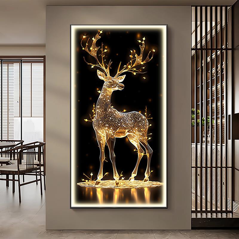 入户玄关装饰画进门走廊过道壁画带灯轻奢挂画发财鹿2024新款高端图片