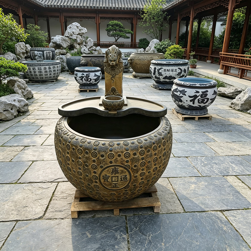 石雕流水鱼缸庭院造景青石做旧龙头吐水鱼盆中式园林景观来图定制