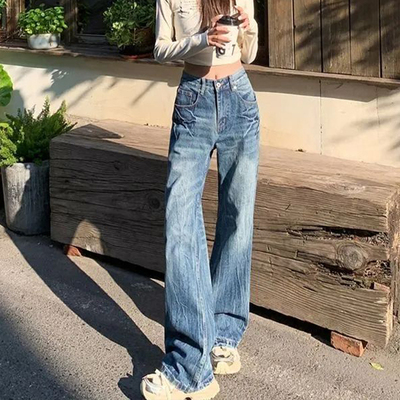 NRTR 美式复古vibe风闪电裂纹低腰显瘦拖地宽松直筒牛仔裤 女款