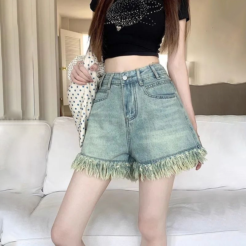 NRTR 美式复古vintage毛边A字高腰显瘦阔腿牛仔短裤 女款