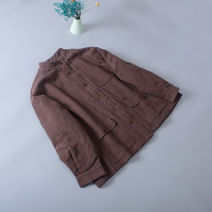 素槿壹旧2025冬季新款文艺丝麻保暖棉袄檀棕色中式立领短棉服外套