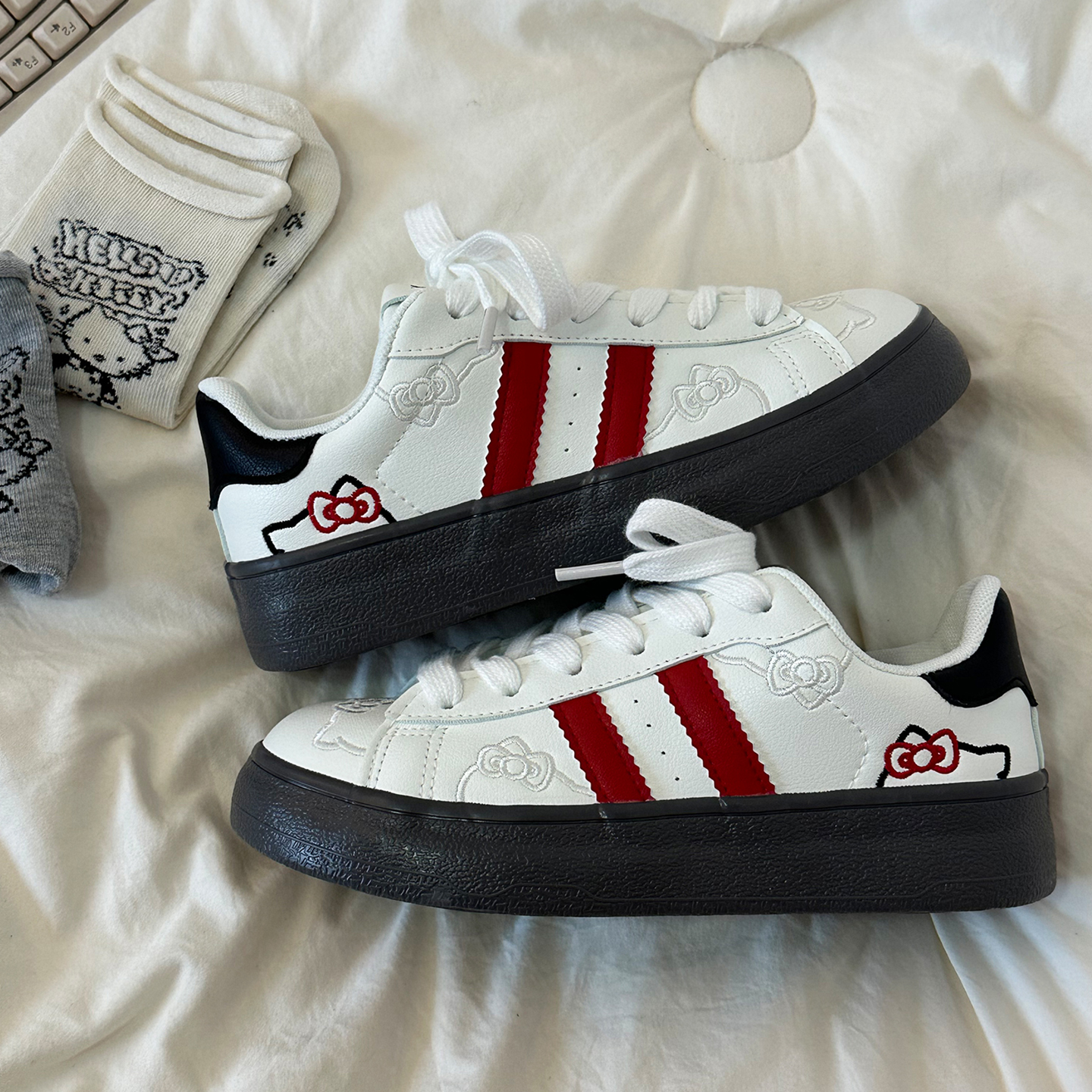 成宇阳 可爱kitty小白鞋子女2025夏季新款百搭休闲德训鞋厚底板鞋