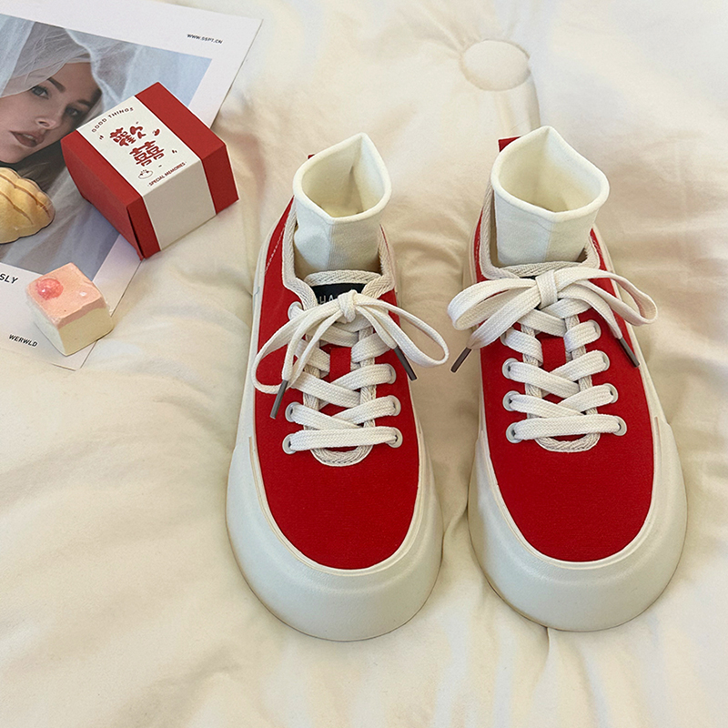 红色增高厚底帆布鞋透气小白鞋子