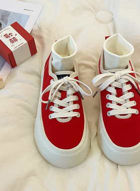 小众复古红色帆布鞋女厚底学生2025夏季新款透气百搭休闲运动板鞋