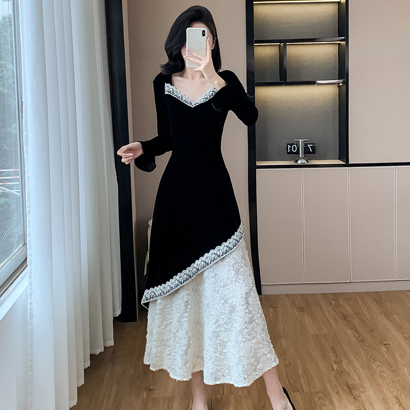 法式黑色赫本风丝绒连衣裙女春气质高级感小个子修身生日礼服长裙