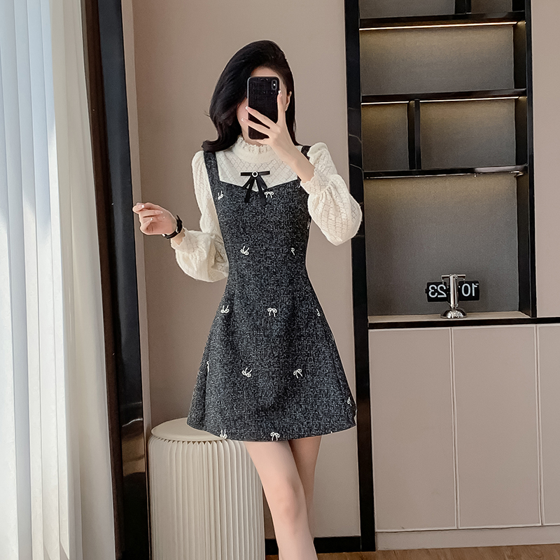 小香风假两件拼接蕾丝连衣裙女秋冬小个子甜美减龄显瘦打底a字裙