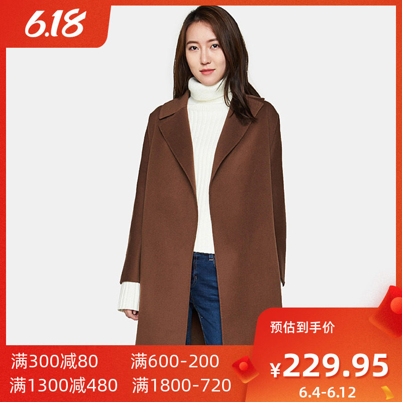 【断码L】艾格冬季时尚百搭修身女西装领系带中长款毛呢大衣Y453