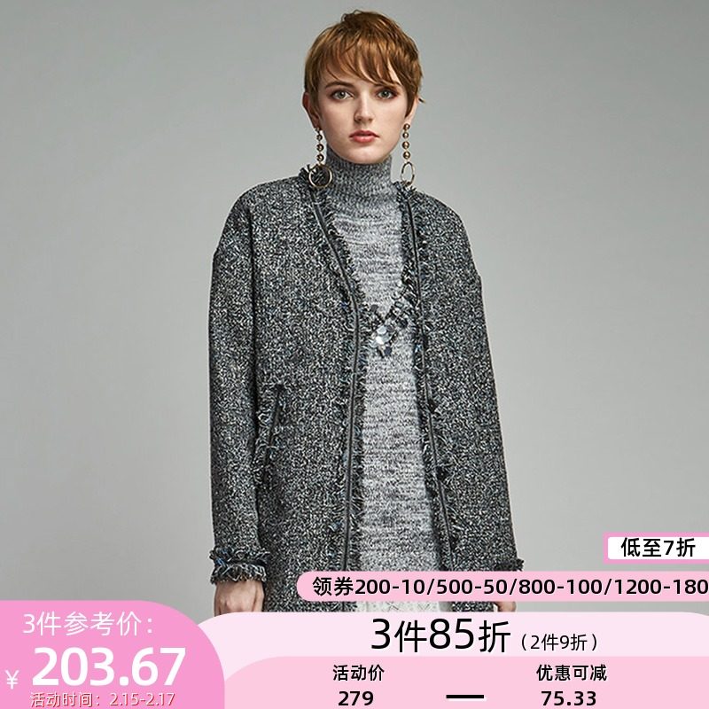 艾格正品2021秋季新款常规宽松过膝毛呢子外套大衣女士Y1933