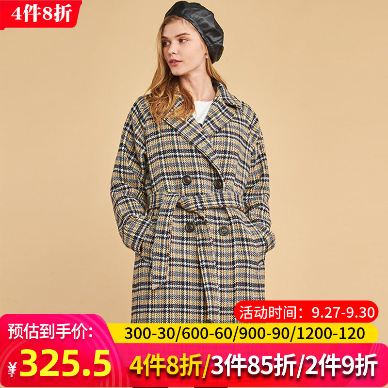 艾格冬季女装官方旗舰店休闲时尚格子中长款毛呢大衣女Y252
