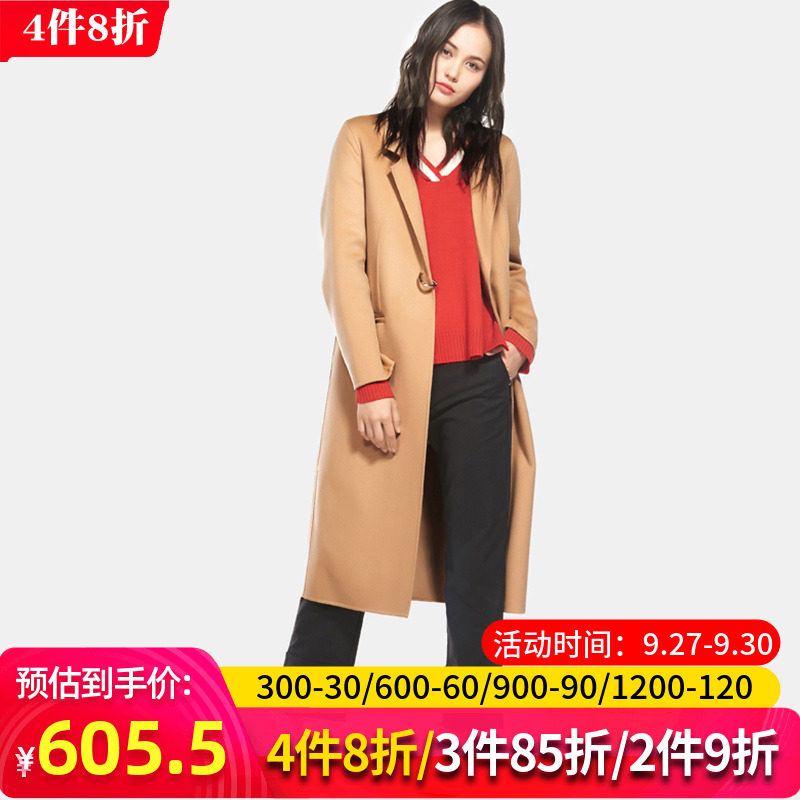 【断码S/M】艾格春秋季女装时尚百搭宽松暗扣长款毛呢外套W984