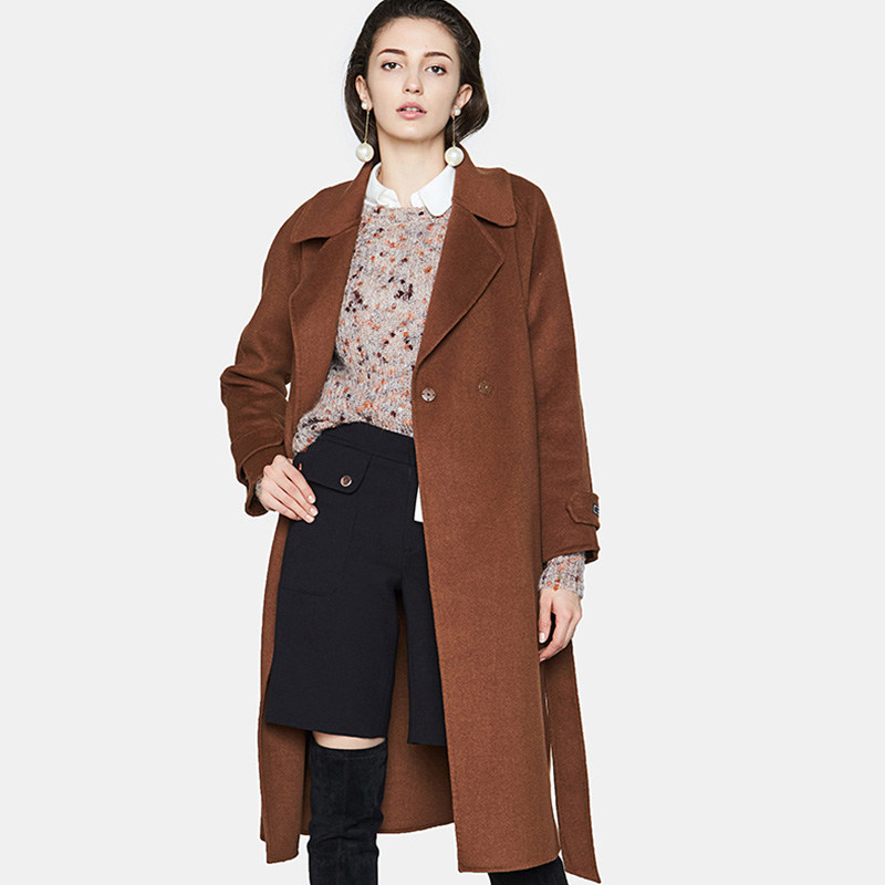 【断码M】艾格冬季女装时尚纯色中长款收腰毛呢大衣外套y956