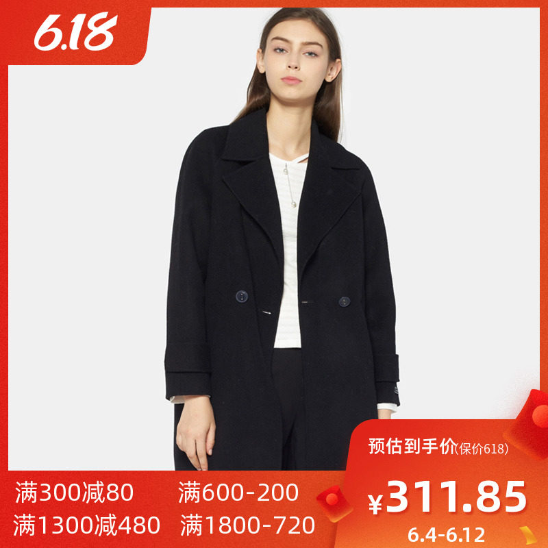 【断码L】艾格冬季女装休闲时尚一粒扣纯色中长款大衣外套Y864