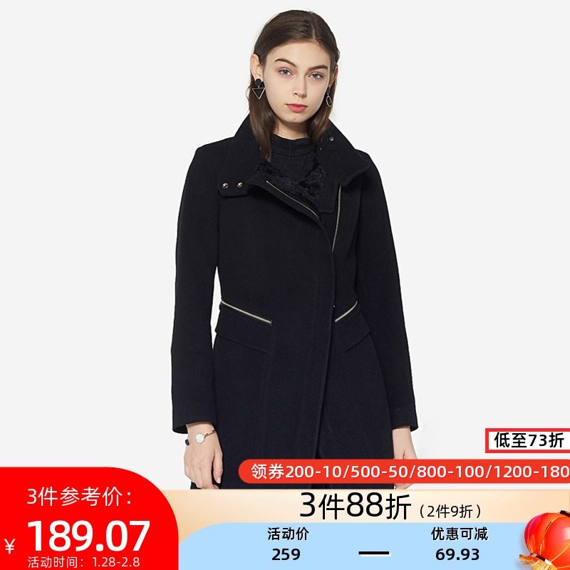 艾格冬季女装羊毛百搭休闲长袖舒适修身中长款大衣外套Y180