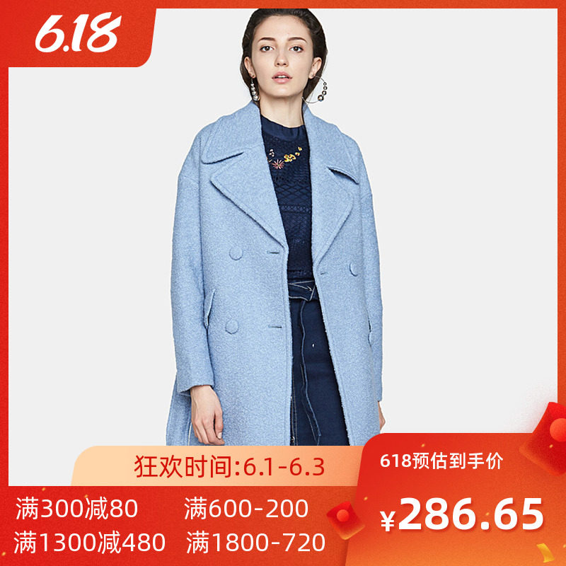 艾格冬季女装休闲时尚官方旗舰店纯色修身中长款大衣外套 Y744