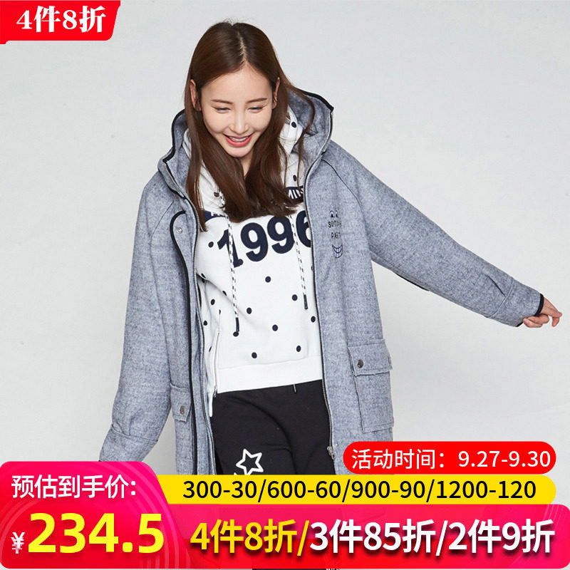 艾格新款冬季女装休闲拉链纯色中长款连帽毛呢大衣Y704