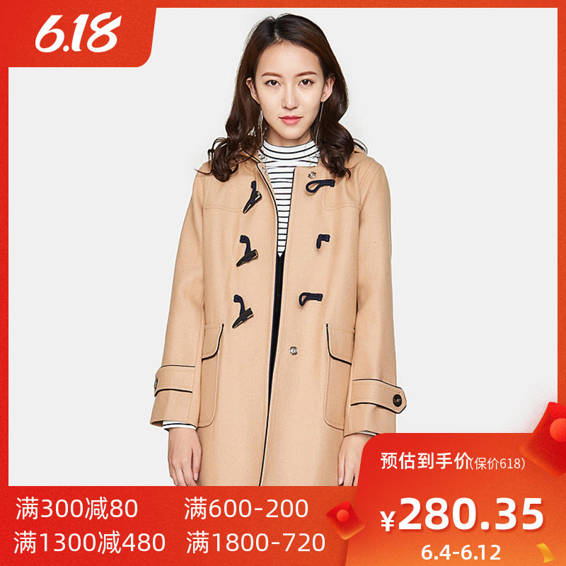 【断码L】艾格2019冬季新品女装纯色中长款羊角扣休闲大衣Y1392