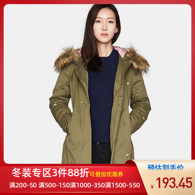 艾格冬季女装纯色加厚时尚宽松中长款连帽棉服女Y109