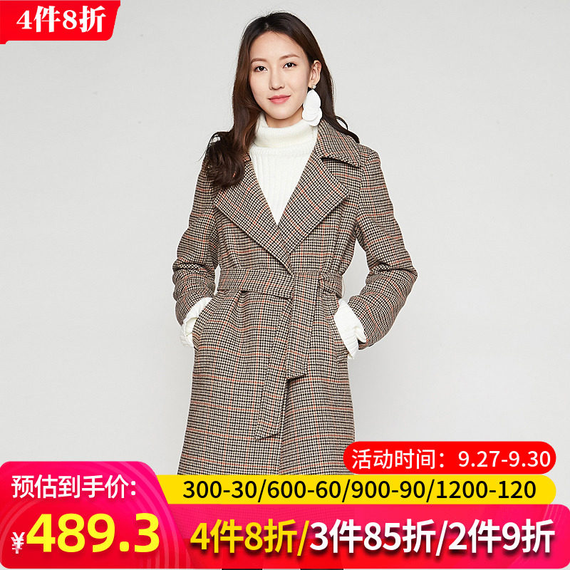 艾格官方旗舰店秋季新品千鸟格修身气质中长款大衣女Y944