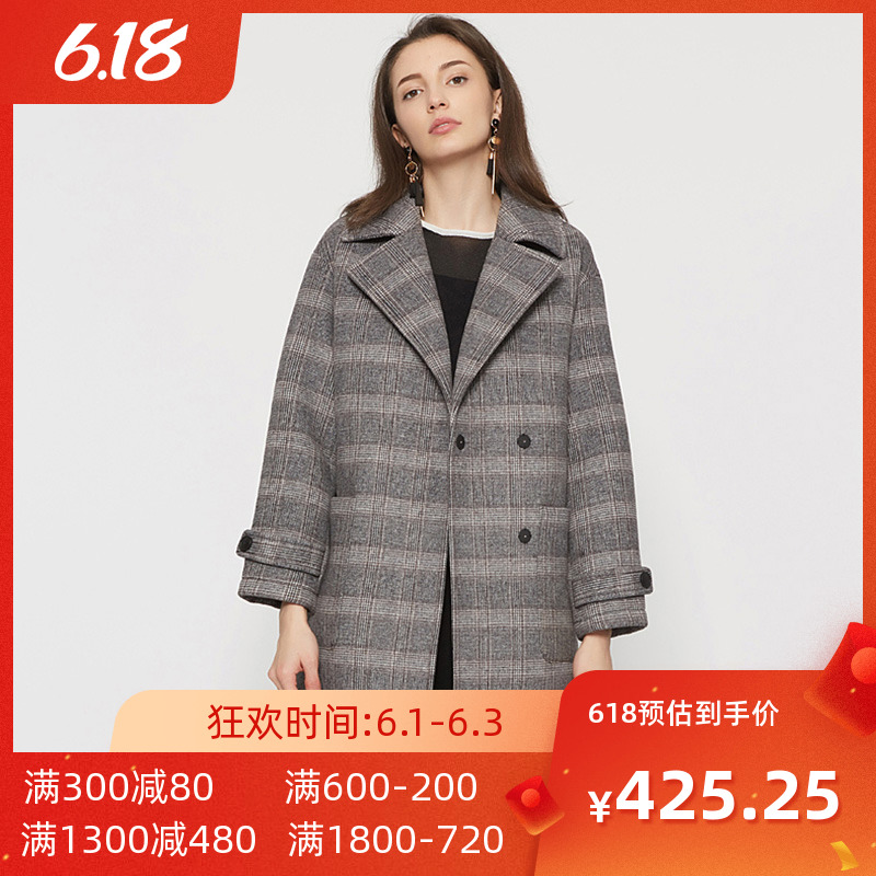 艾格2019新款冬季女装时尚休闲格子束腰中长款大衣外套 Y741