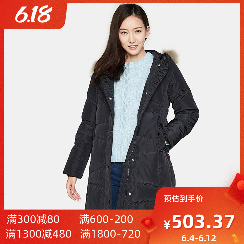 【断码S】艾格2020冬季新品纯色通勤时尚中长款连帽羽绒服女Y964