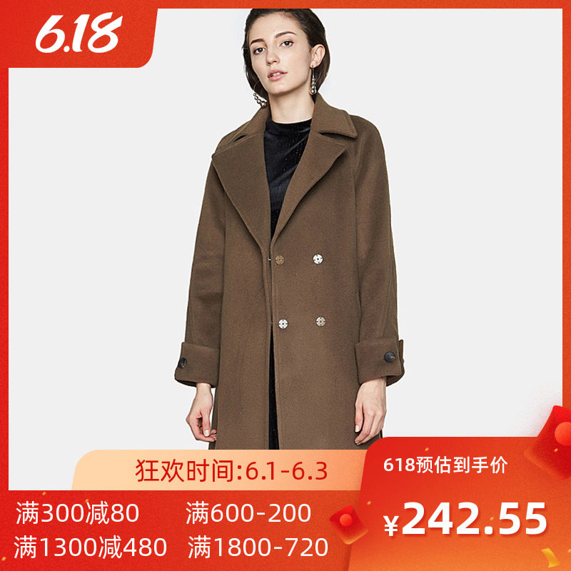 【断码S】艾格2019春秋季新品简约女腰系带西装领毛呢大衣Y677