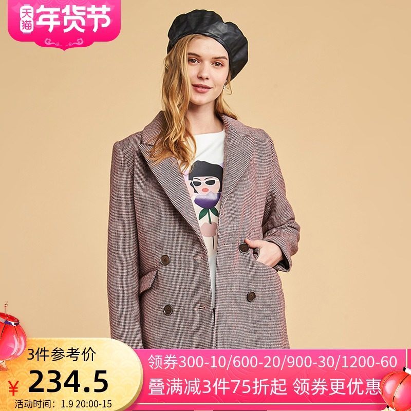 艾格2019冬季新品女装纯色中长款西装领外套Y1220