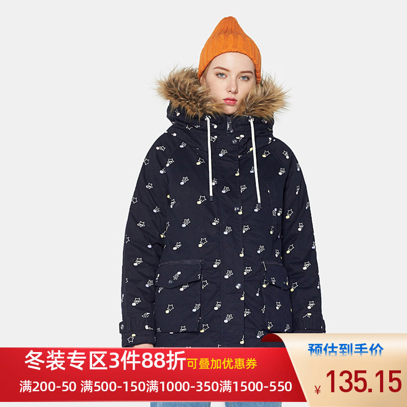 艾格冬季女装纯色中长款连帽印花保暖棉服女韩版宽松Y118