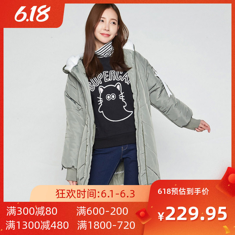 艾格冬季女装加厚休闲时尚纯色连帽中长款棉服女韩版宽松Y196