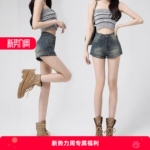 美式复古牛仔短裤女夏季新款外穿高腰紧身弹力a字超短辣妹热裤子