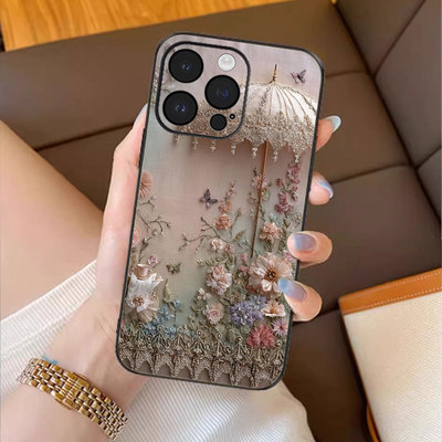 蝶羽花伞适用苹果17promax手机壳新款iPhone16pro套15plus复古轻奢风ip13pm硅胶防摔12por全包11p带手绳14女