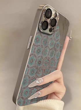 敦煌花纹ip17适用苹果16promax手机壳iPhone15pro新款14plus电镀13pm全包12por防摔11p套创意高级感国风air