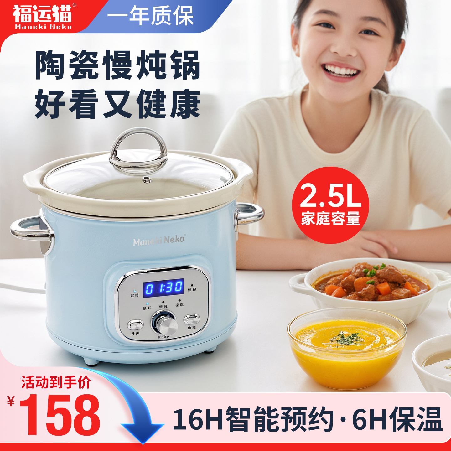 福运猫电炖锅2.5L陶瓷锅1-4人电炖煲汤锅智能定时辅食煮粥锅