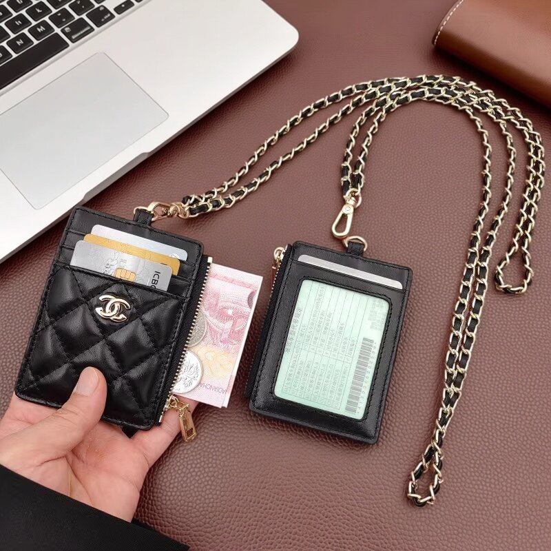 小香风链条卡套女真皮工作证套拉链牛皮证件包小巧