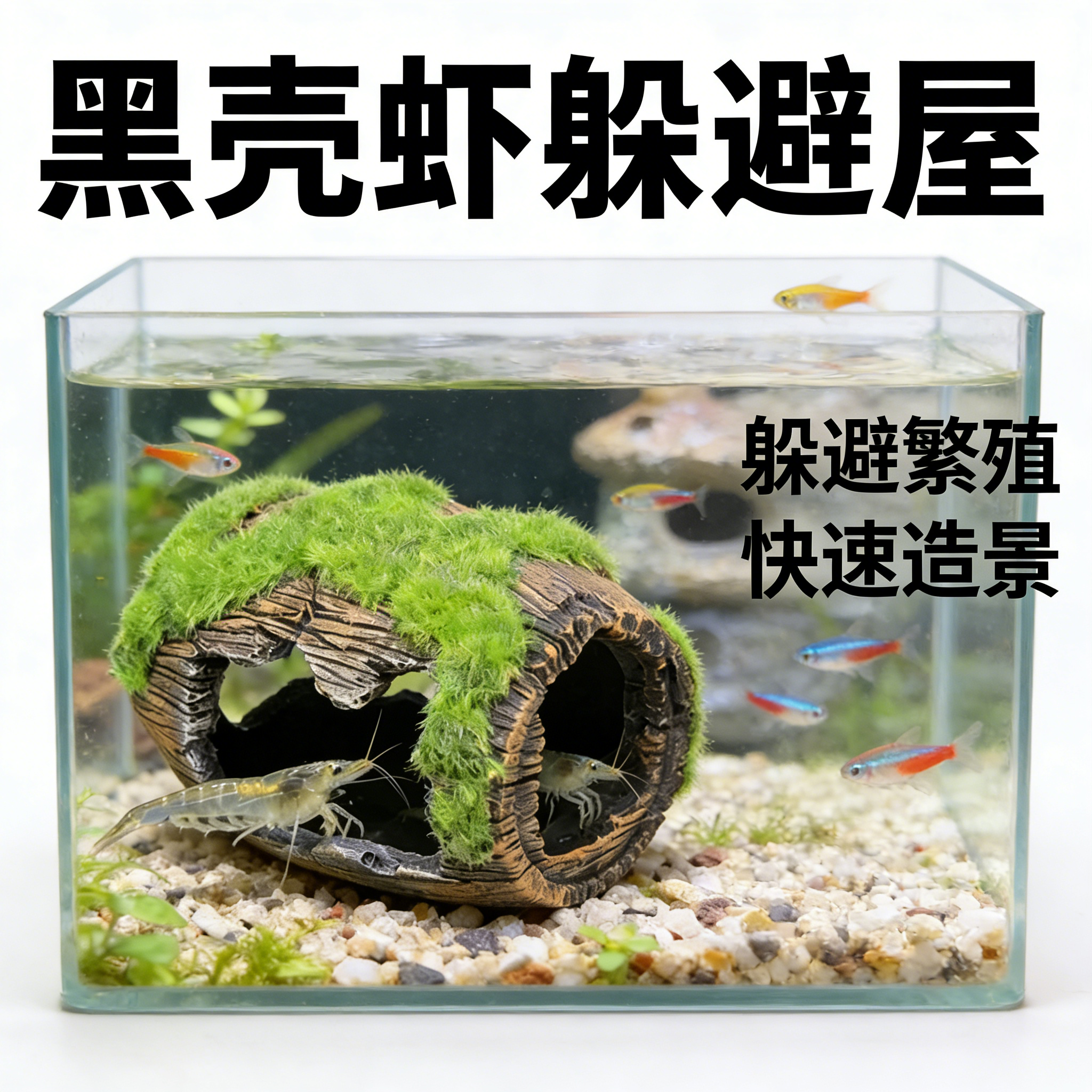 鱼缸黑壳虾躲避屋造景装饰生态青苔石虾屋虾窝鱼缸造景观赏用品
