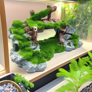 爬宠假盆景乌龟晒台鱼缸造景躲避屋龟缸背仿真桥植绒假山爬虫装饰