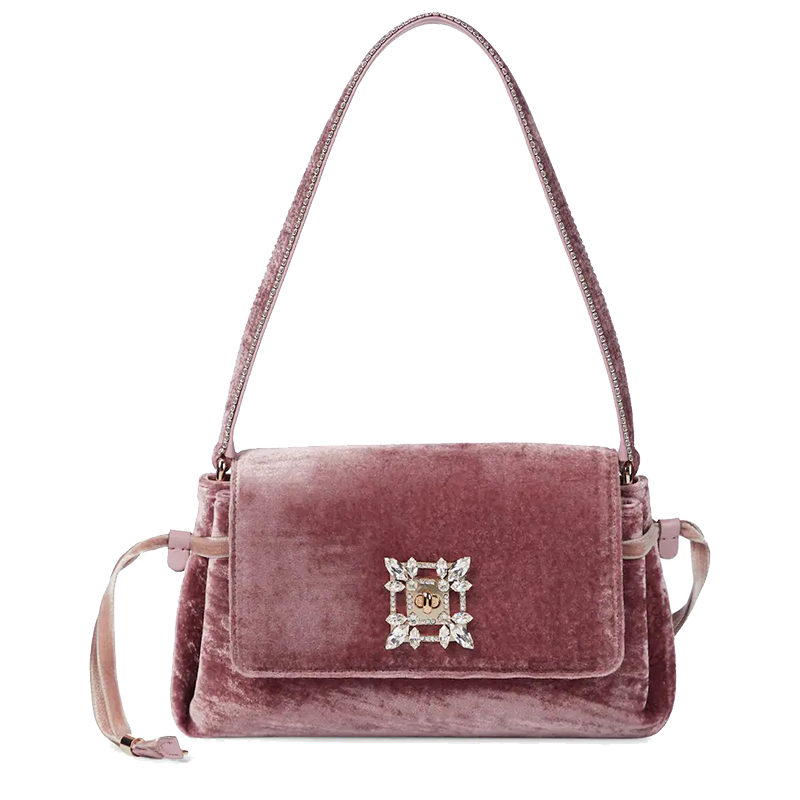Roger Vivier/罗杰·维维亚女士粉红色天鹅绒花朵水晶搭扣手提包