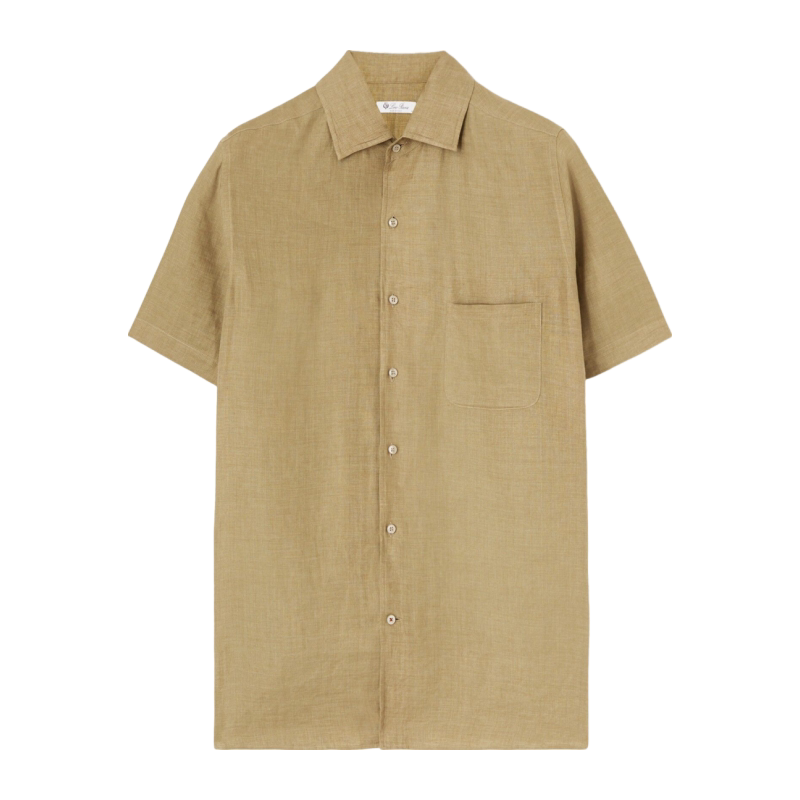 Loro Piana/诺悠翩雅男装米色亚麻帆布短袖宽松休闲衬衫