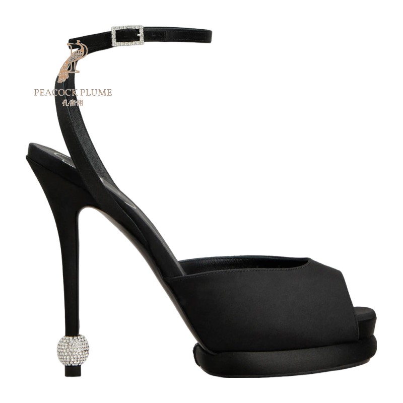 RogerVivier/罗杰维维亚女士凉鞋缎面圆柱高跟水晶搭扣脚踝带新款