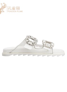 Roger Vivier女鞋 Slidy Viv' 精美华丽白色水钻搭扣穆勒凉拖鞋