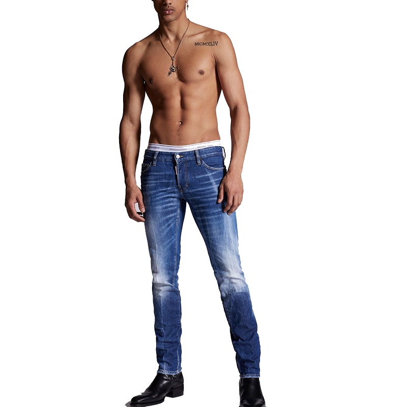 Dsquared2/二次方男士蓝色棉质直筒磨白效果直筒简约长裤牛仔裤