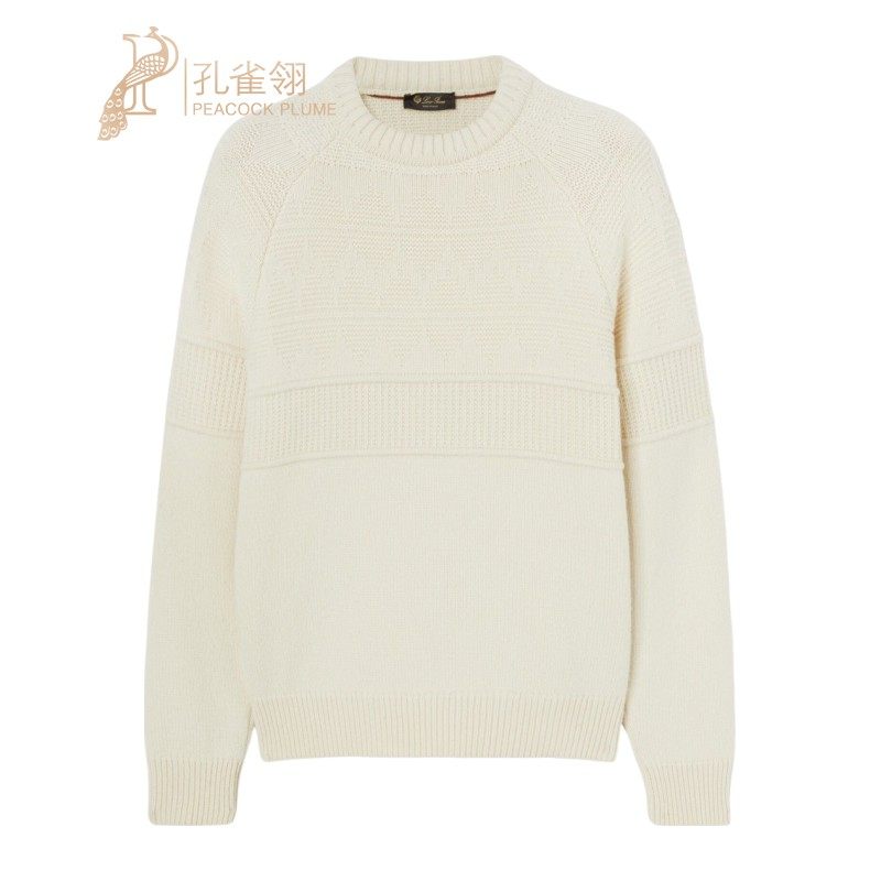 Loro Piana/诺悠翩雅男装北欧风格图案保暖白色羊绒圆领针织衫