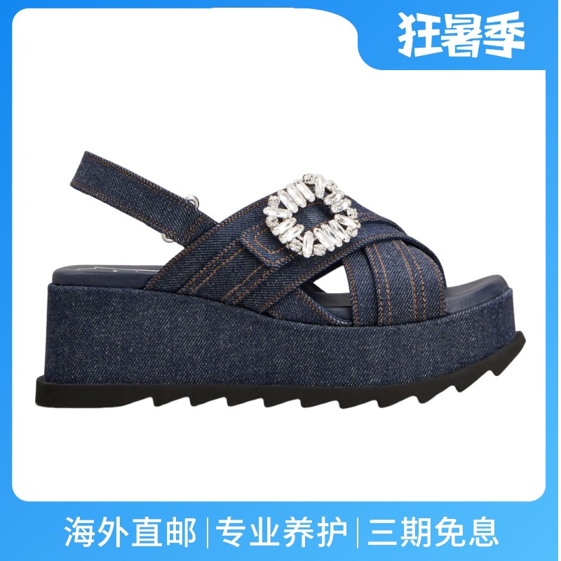 RogerVivier/罗杰维维亚女士凉鞋棉质水钻搭扣魔术贴厚底新款