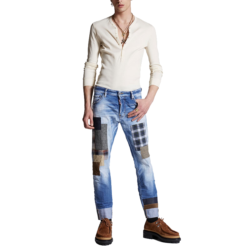 Dsquared2/二次方男士浅蓝色贴片翻边裤腿日常街头水洗牛仔裤长裤
